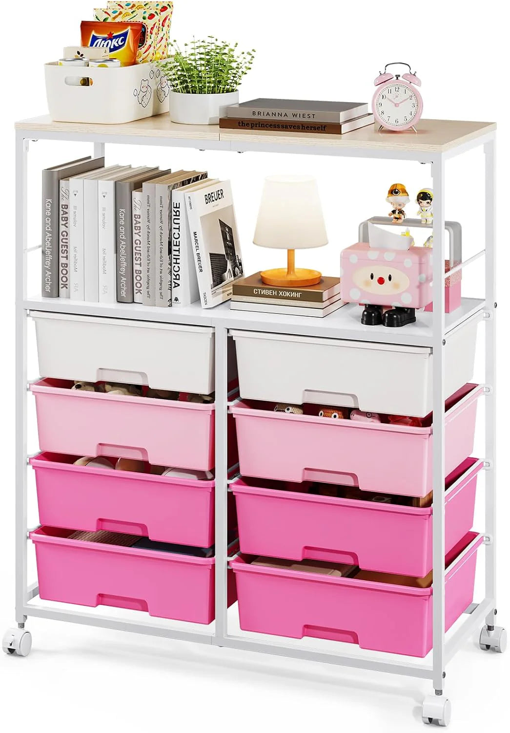 8-position drawer roller storage cart, equipped with a wooden top, a multi-functional practical storage cart with open shelves and lockable wheels, suitable for organizing storage drawers in home offices, craft rooms, and classrooms, in pink color.