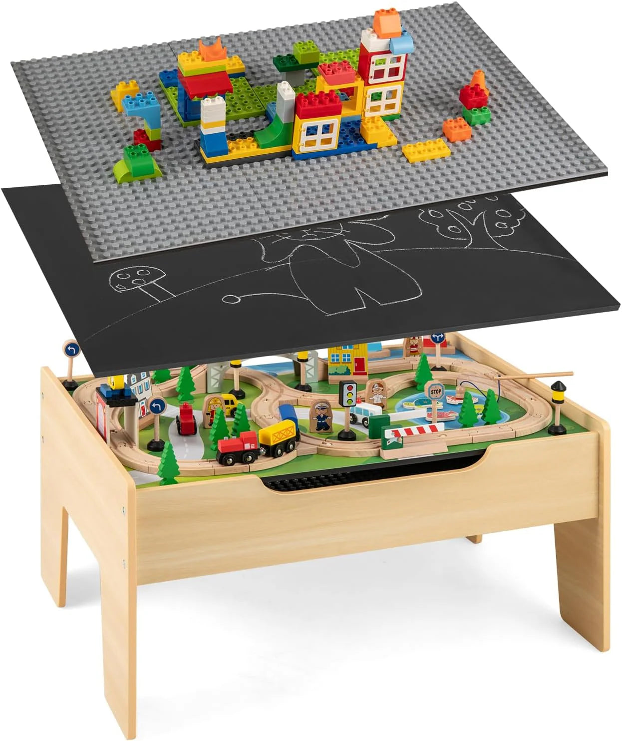 The dual-function wooden children's activity table with storage function, featuring 100 colorful components, tracks, trains, and cars, is a children's train table set suitable for children aged 3 and above. It has a flip-up tabletop and is a gift for