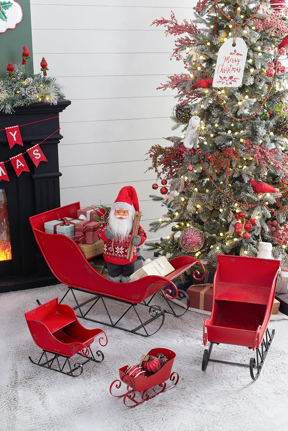 Christmas Sleigh Outdoor Decorations Large-sized Worn Red Metal Santa Sleigh Toy Decoration Gift Basket Winter Decorations Indoor Christmas Garden Santa Sleigh Decoration - 39 inches (Sleigh-L)