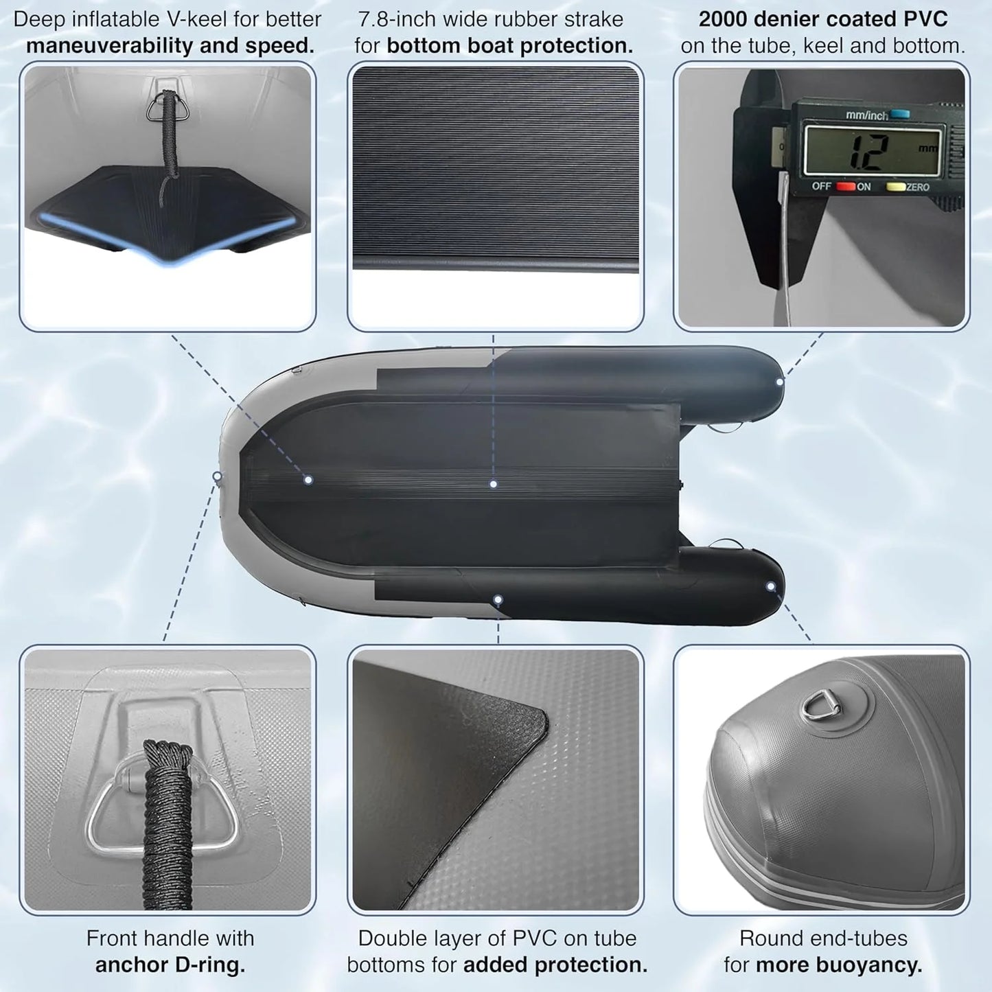 Inflatable Boat | Yacht Dinghy Tender Raft | Multi Person Fishing Boat | Aluminum Floor Oars | Fishing Rod Holders | Heavy-Duty PVC | 2024 Model |