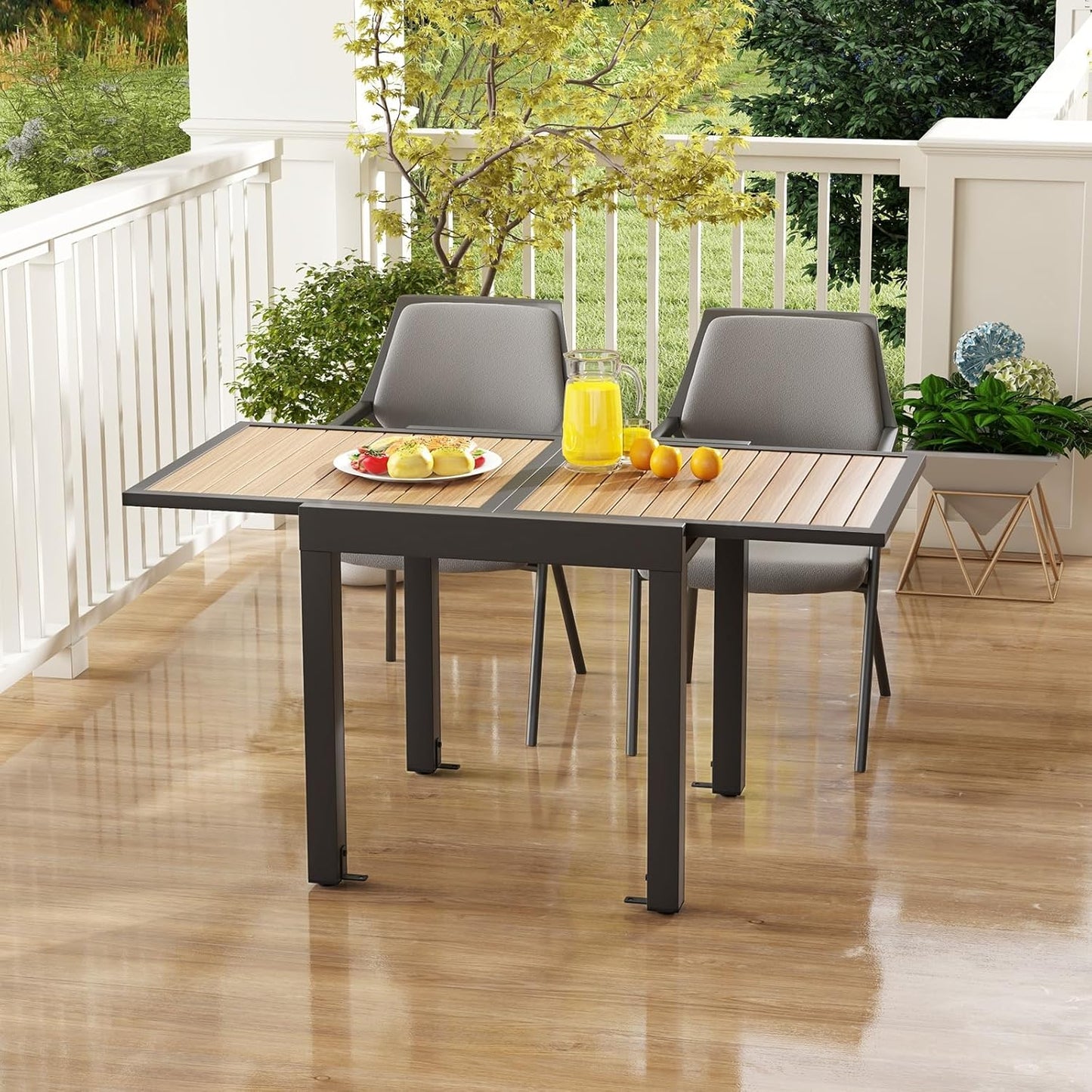 Extensible outdoor dining table, patio table, all-weather aluminum frame, large rectangular lawn backyard garden terrace dining table, suitable for 4 to 6 people, dark gray (dark gray, slatted tabletop)