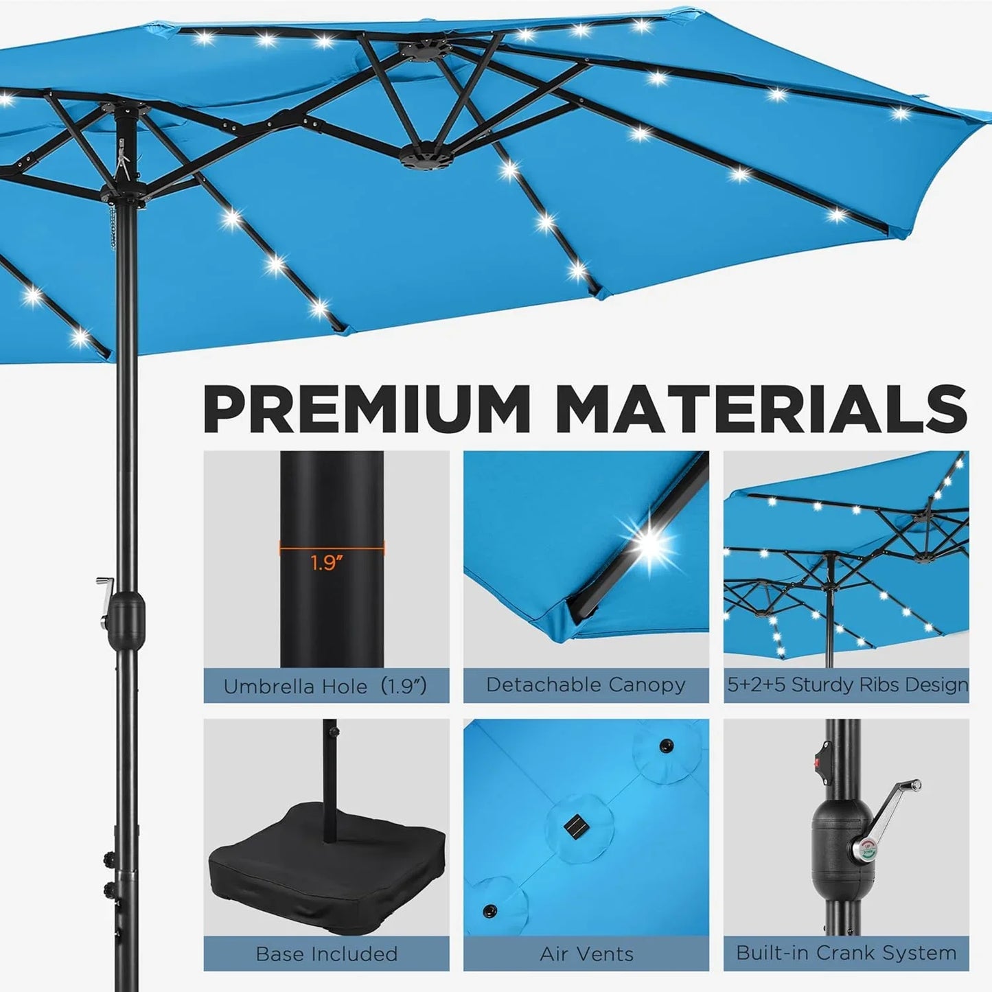 15 ft Large Patio Umbrella with Solar Lights Double-Sided Outdoor Rectangle Market Umbrellas with 36 LED Lights/Base Included/Easy Crank for Patio Garden Yard Pool Lawn, Brown
