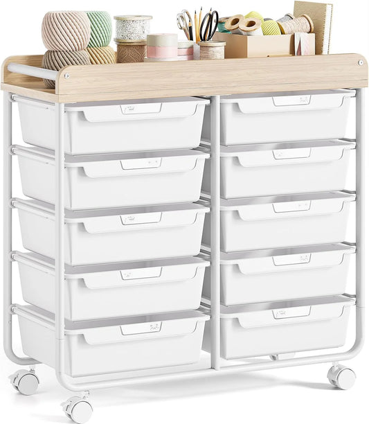 Rolling Storage Cart with 10 Large Drawers, Utility Cart with Wooden TableTop for Craft Organizers, Art Supply Storage, Home Office Organization, Cart with Wheels for Classroom, School, Green