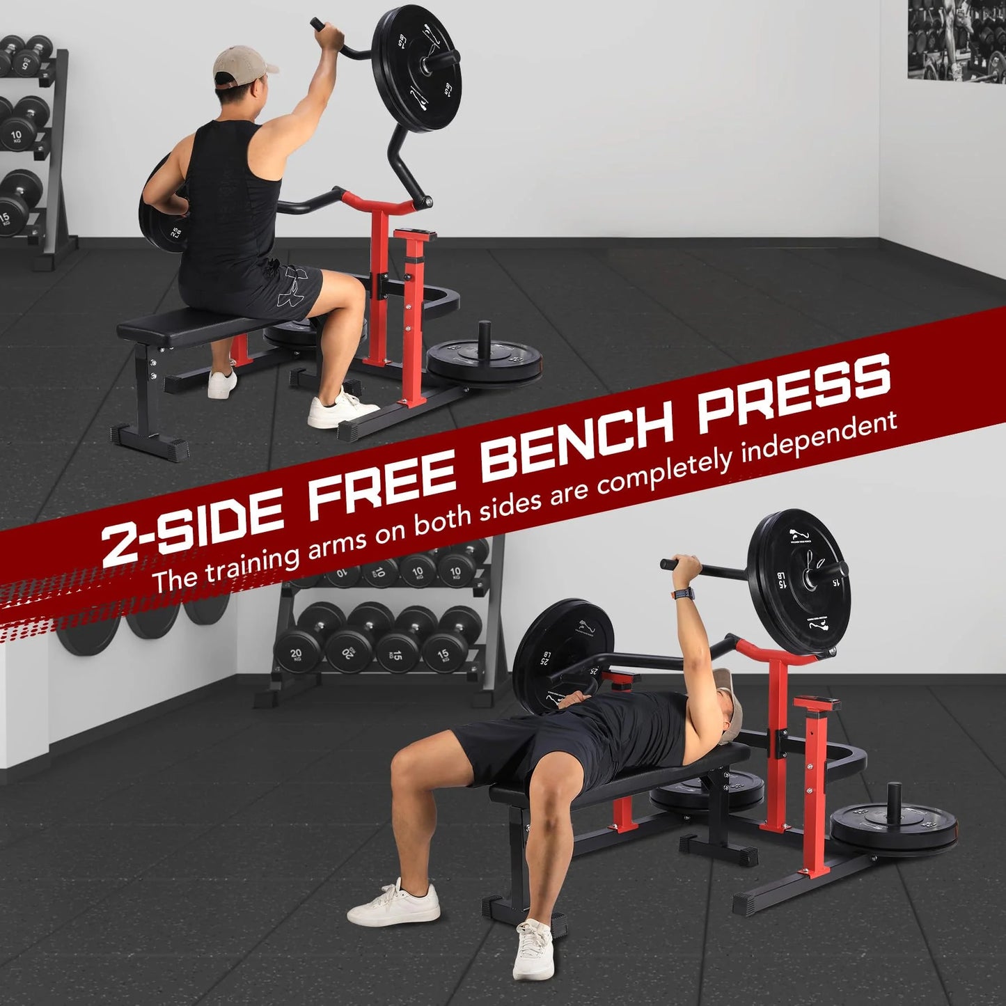 Chest Press Machine, 1050LBS Capacity, Independent Converging Arms, Weight Bench Press with Adjustable Flat Bench for Upper Body Workouts, Red