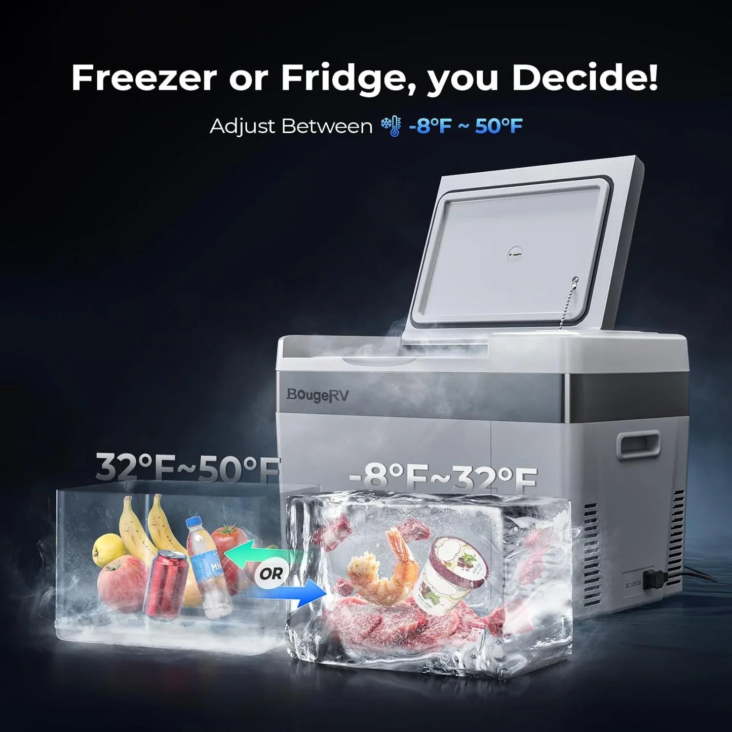 BougeRV 12 Volt Refrigerator 12V Car Fridge 23 Quart Portable Freezer Compressor Cooler 12/24V DC 110~240 Volt AC for Truck Van RV Camper SUV Travel Camping Road Trips Tailgating -7℉~50℉