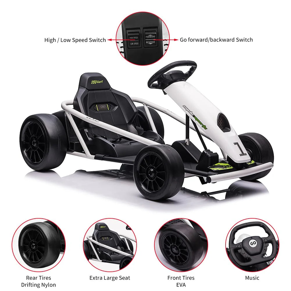 24V Go Kart for Kids 8-12, 300W*2 Motors, 9Ah Battery, 8MPH Speed, Music, Horn, 175lbs Max Load �� White