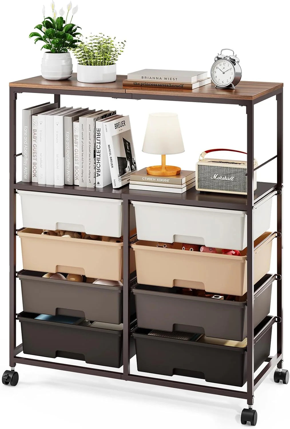 8-position drawer roller storage cart, equipped with a wooden top, a multi-functional practical storage cart with open shelves and lockable wheels, suitable for organizing storage drawers in home offices, craft rooms, and classrooms, in pink color.