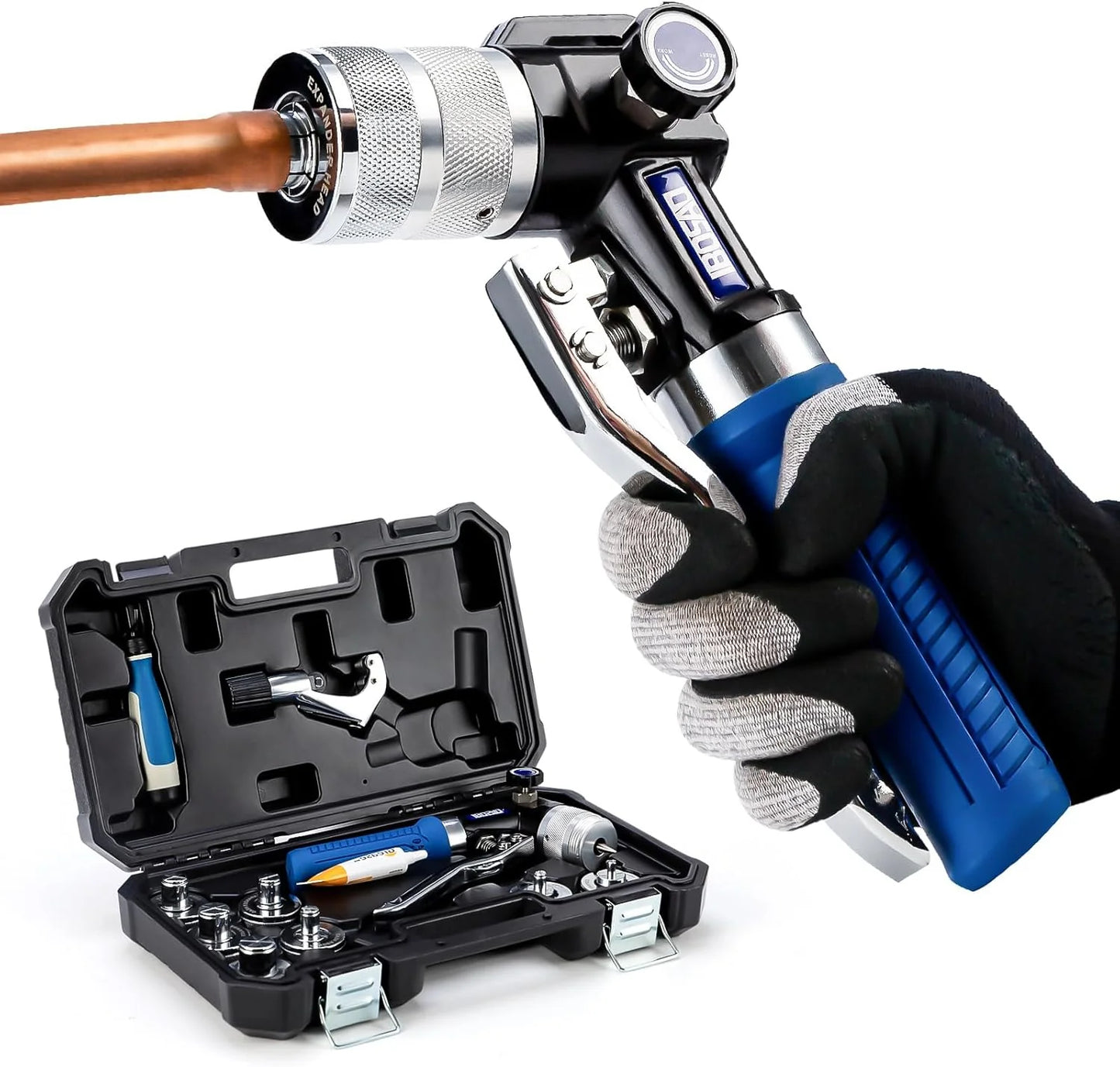 Hydraulic tube expanding tool kit, used to expand 3/8-inch copper tubes to 1-1/8 inches.