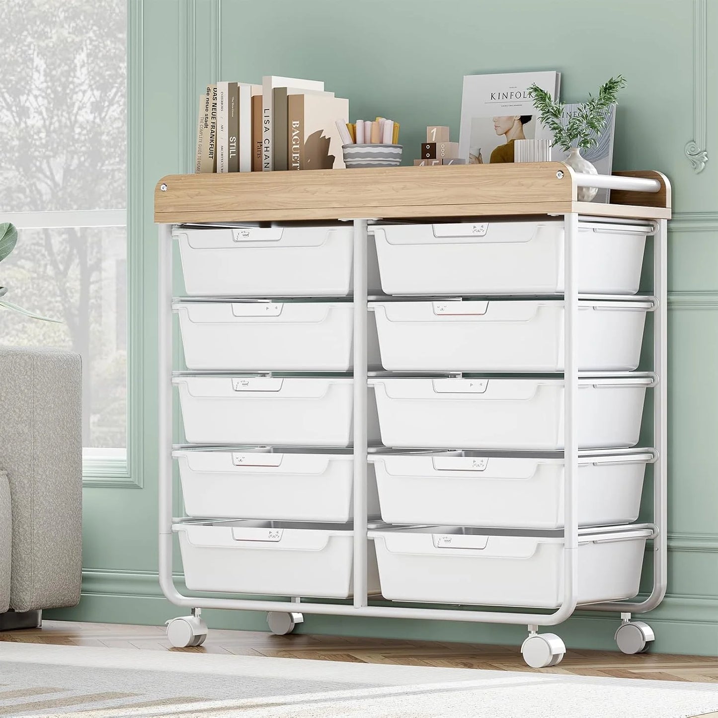Rolling Storage Cart with 10 Large Drawers, Utility Cart with Wooden TableTop for Craft Organizers, Art Supply Storage, Home Office Organization, Cart with Wheels for Classroom, School, Green