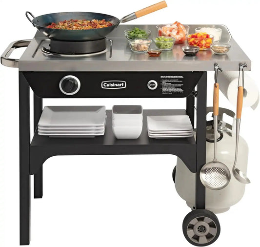 Cuisinart �� Outdoor Wok Station, 50,000 BTU Propane Outdoor Wok Burner w Prep Table, 14�测�� Carbon Steel Wok for Stir Fry, Searing, BBQ �� Black